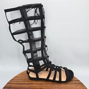Torrid Sandals Womens 7 WW Black Knee High Gladiator Tie Side Zip Strappy Flat